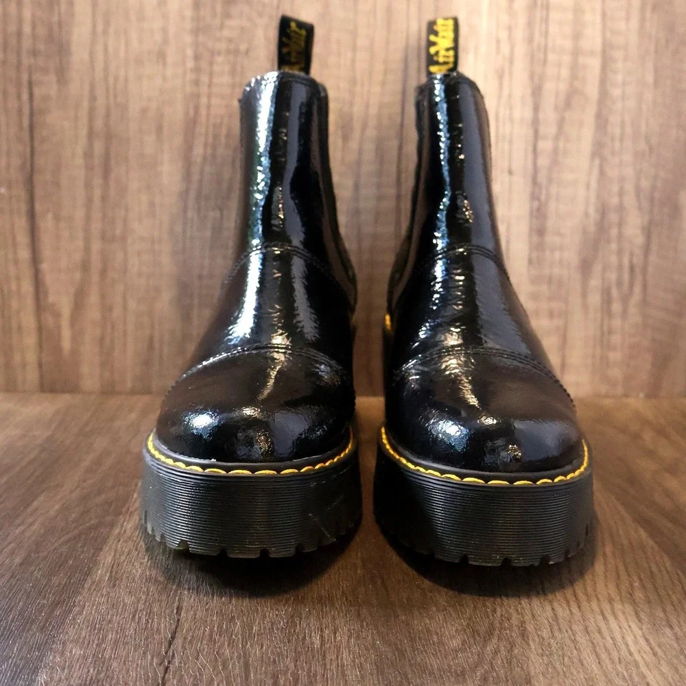 Dr. Martens Rozalie Distressed Patent Heeled Chelsea Boots Black Melbourne Sz 6